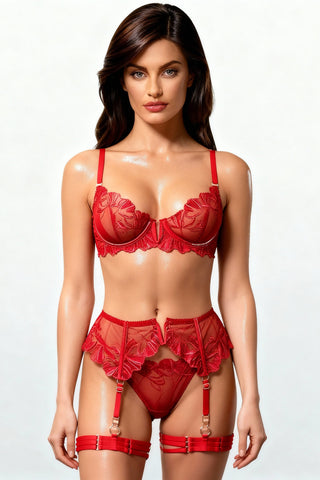 Ensemble lingerie pour femme quatre pièces avec tours de cuisse et gants - FLAME Rouge